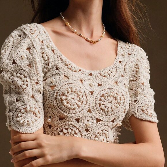 Apricot Elegant Women's Square Neck Floral Hollow Crochet Puff Sleeve T-Shirt - Picture 2 of 7